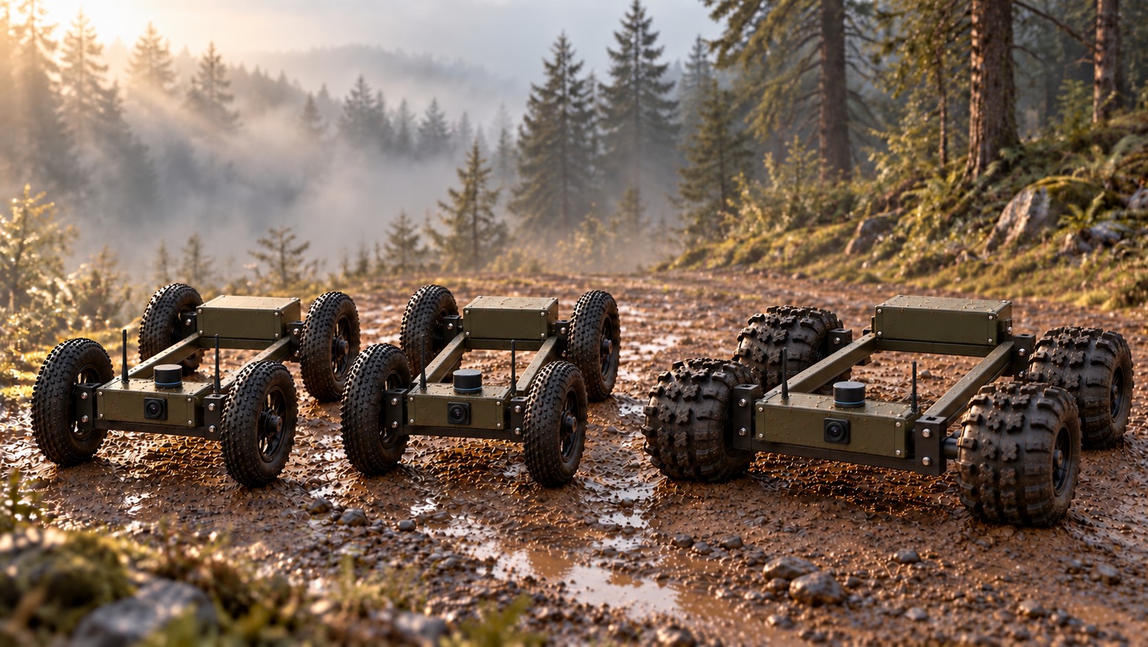 Concept illustration of unmanned logistics vehicles on a forest test track